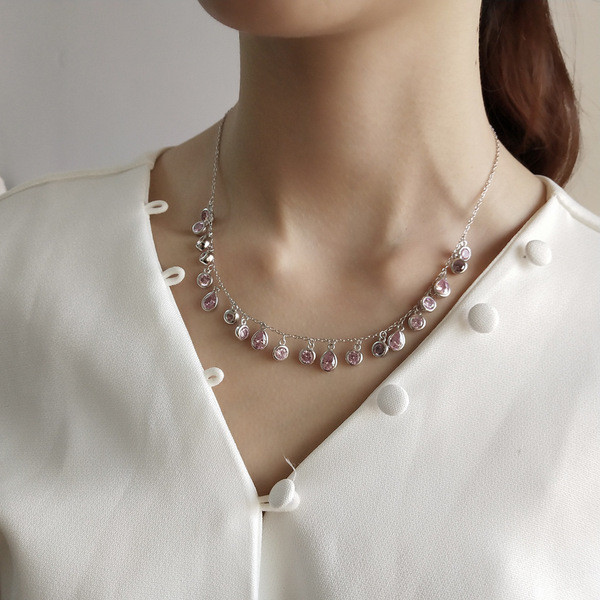 A31367 925 sterling silver pink teardrop rhinestone necklace