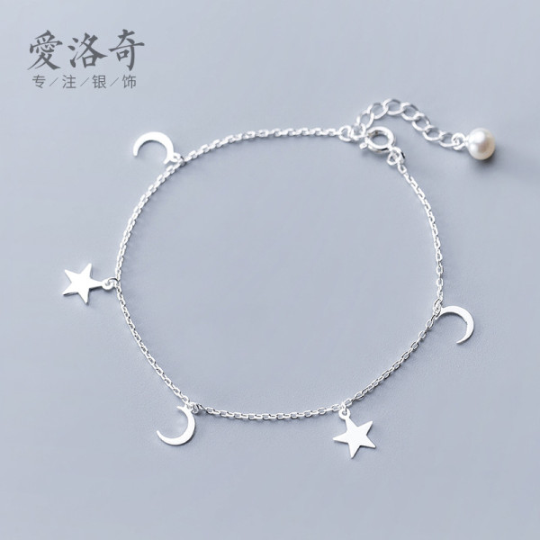A35183 s925 sterling silver anklet fashion pearl anklet cute stars moon anklet star bracelet