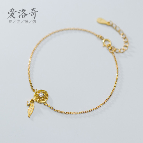 A36441 s925 sterling silver charm trendy hollowed rhinestone leaf charm bracelet