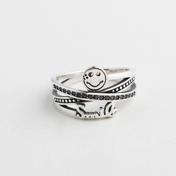 A32538 s925 sterling silver adjustable rhinestone smiling face ring