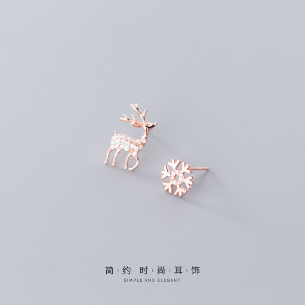A44794 s925 sterling silver christmas rhinestone deer symmetric snowflake earrings