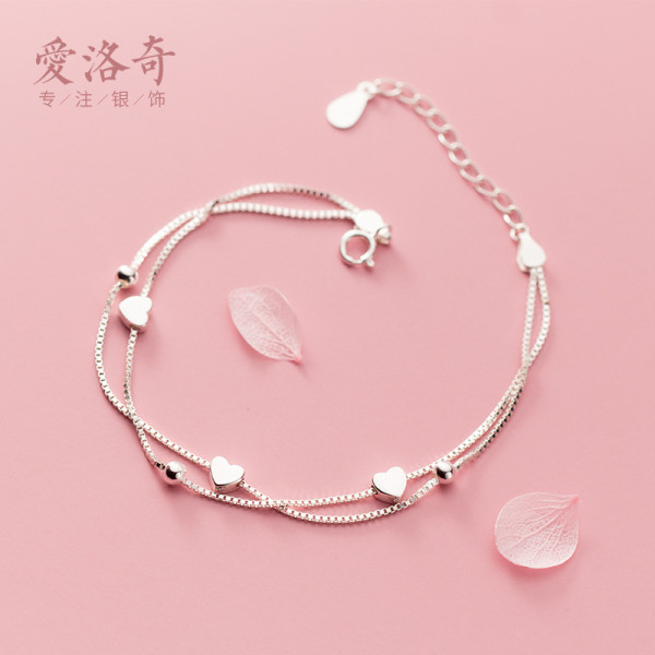 A35168 s925 sterling silver simple fashion doublelayer heart charm bracelet