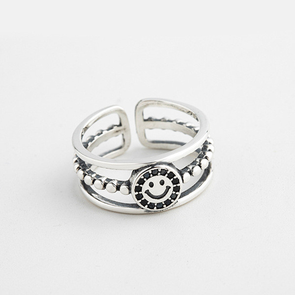 A32558 s925 sterling silver smilingface chic silver adjustable trendy doublelayer ring