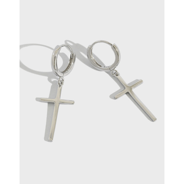 A36426 s925 sterling silver fashion unique minimalist circle cross long dangle earrings