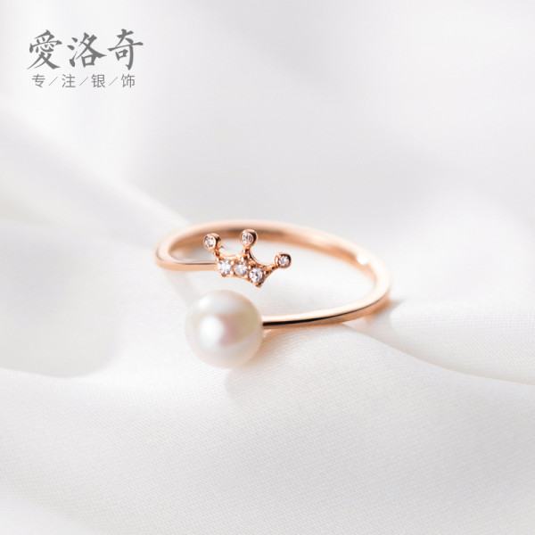 A37001 s925 sterling silver trendy pearl rhinestone crown sweet chic ring