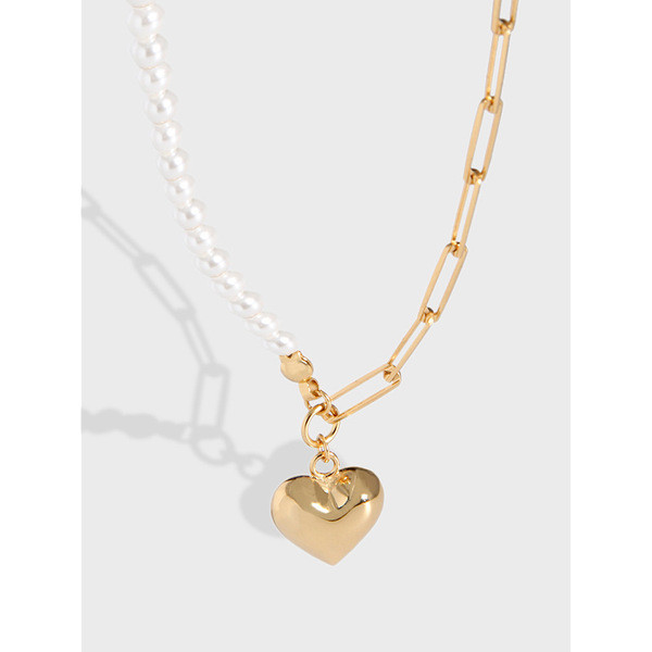 A31488 simple heart pearl chain asymmetric necklace