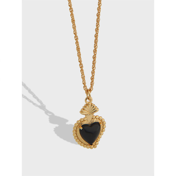 A31487 simple black agate heart gold necklace