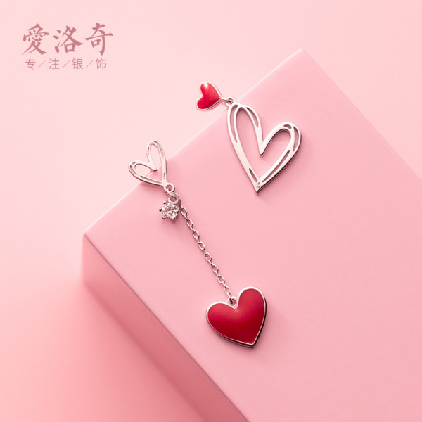 A37037 s925 sterling silver sweet heart asymmetric chic earrings