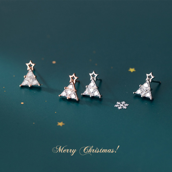 A44829 s925 silver rhinestone christmas tree stud trendy triangle earrings