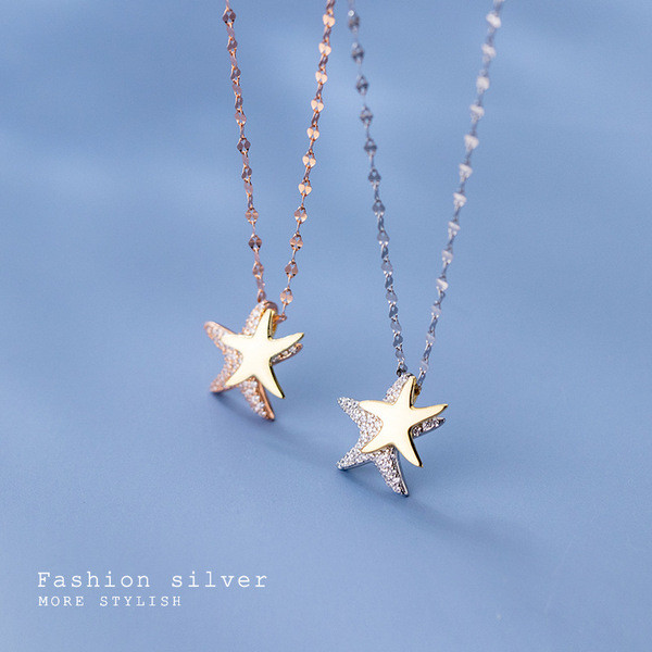 A31040 s925 sterling silver trendy rhinestone starfish sweet unique necklace