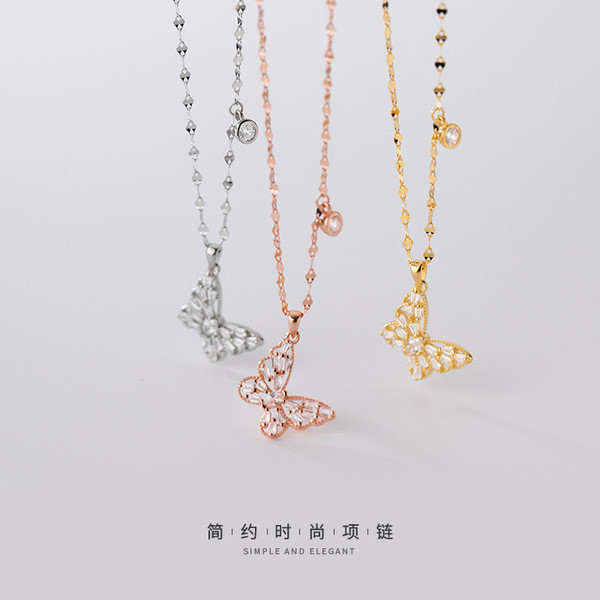 A31069 s925 sterling silver chic sparkling butterfly necklace