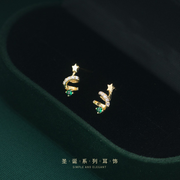 A44813 s925 sterling silver christmas tree green stud piercing earrings
