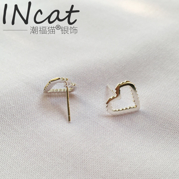 S11238 S925 sterling silver hollowed double heart shape geometric stud heart women silver