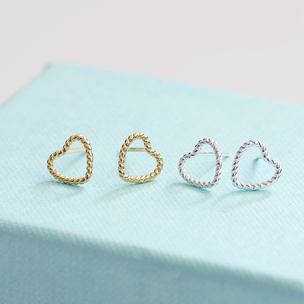 S11229 S925 sterling silver hollowed heart shape geometric stud rope heart women silver