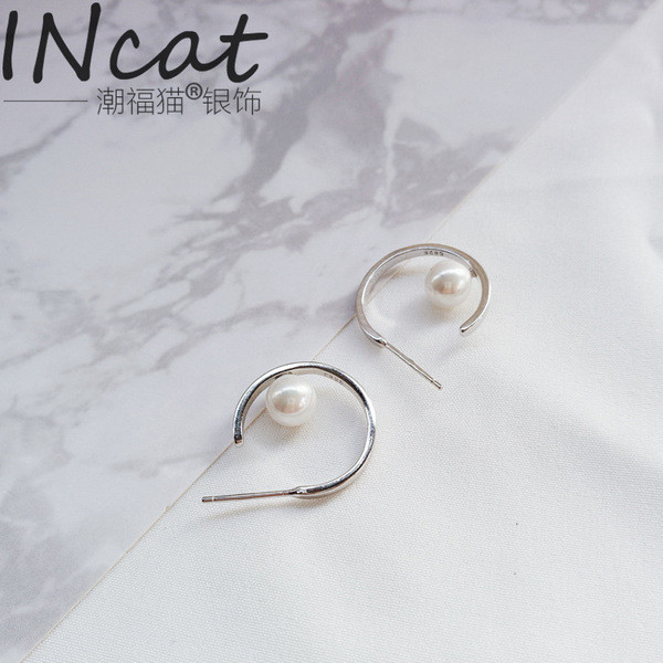 S11179 S925 sterling silver stud women geometric circle pearl silver stud earrings silver