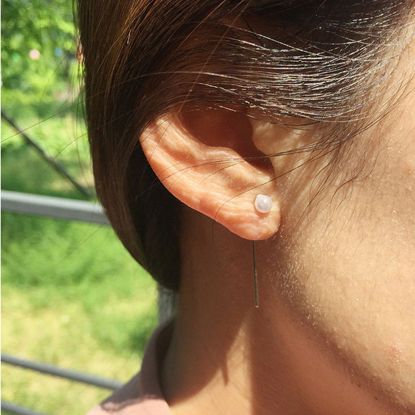 S11294 925 sterling silver pearl bead minimalist long earrings