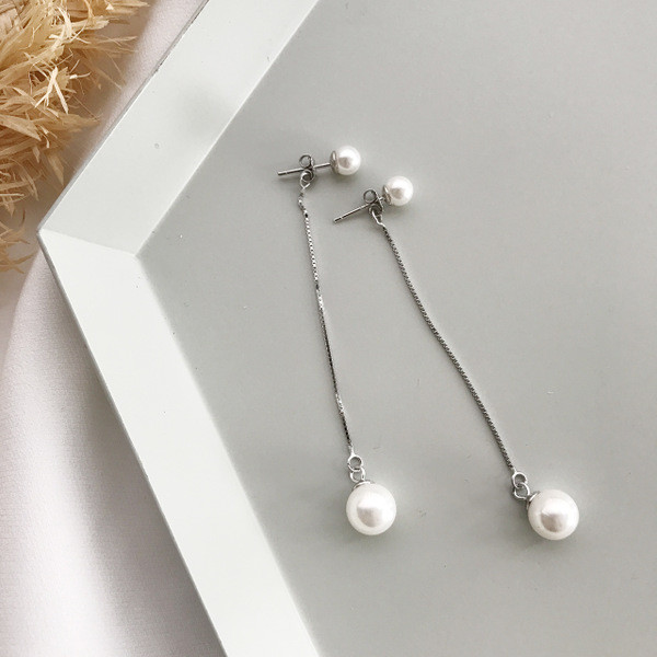 S11263 925 sterling silver pearl bar tassel long string dangle earrings