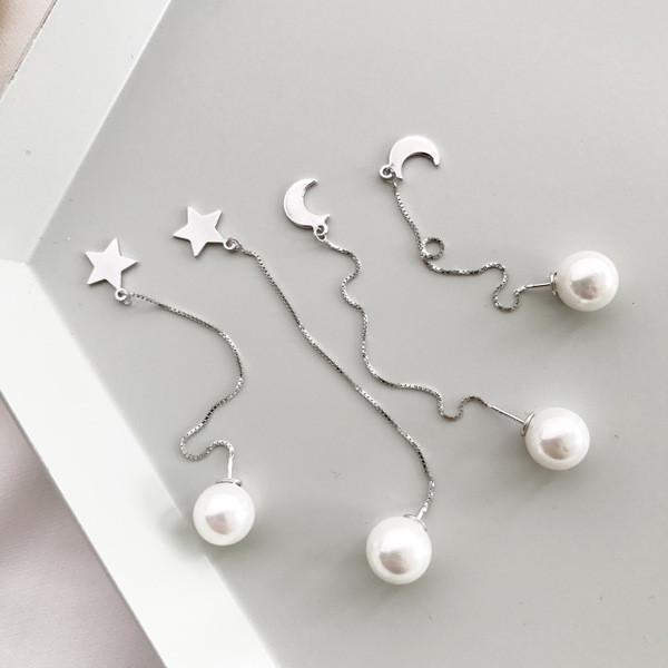 S11296 925 sterling silver pearl stars moon string sweet long dangle earrings