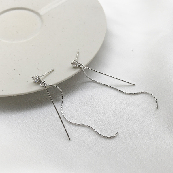 S11225 925 sterling silver cubic zirconia tassel long dangle earrings