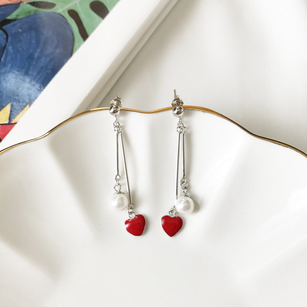 S11134 S25sterling silver heart pearl tassel earrings minimalist heart earrings
