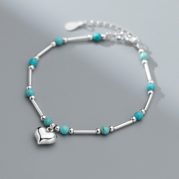 A40778 s925 sterling silver trendy turquoise heart charm design bracelet