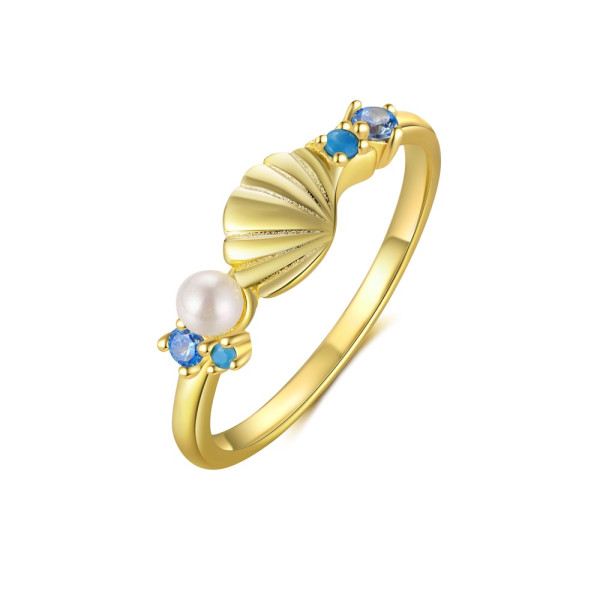 A45861 s925 sterling silver green turquoise pearl shell ocean vacation yellow gold ring