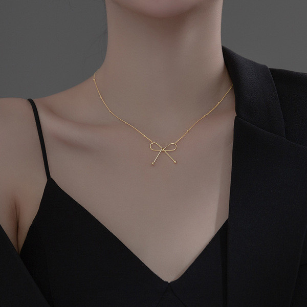 A34571 s925 sterling silver trendy simple chic sweet bar bow necklace