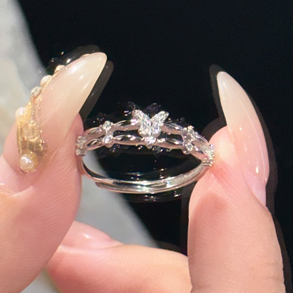A40839 s925 sterling silver rhinestone butterfly double layer sweet design ring
