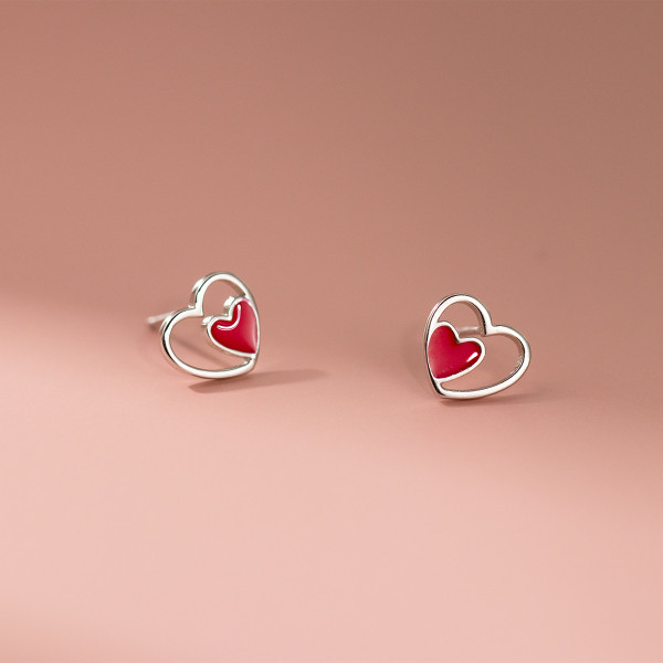 A43108 s925 silver stud fashion trendy hollowed double heart earrings