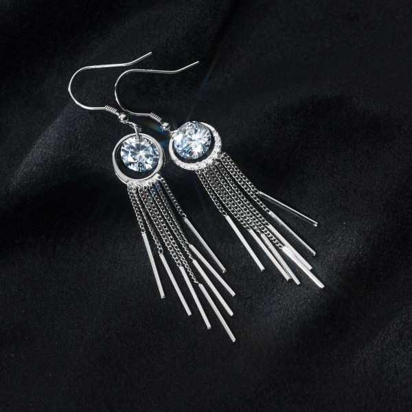 A39082 s925 sterling silver rhinestone fringe long earrings