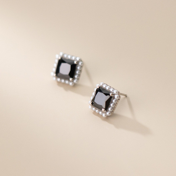 A32342 s925 sterling silver rhinestone black rhinestone square earrings