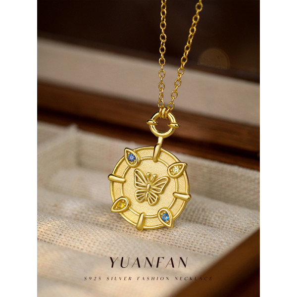 A40858 s925 sterling silver vintage plate elegant butterfly necklace