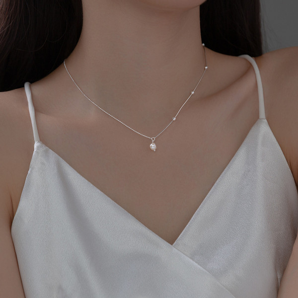 A36755 s925 sterling silver simple pearl short necklace