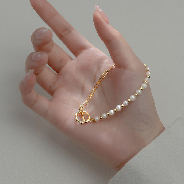 A34230 s925 sterling silver trendy sweet pearl chain bracelet
