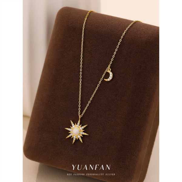 A43668 s925 sterling silver sun moon opal pendant fashion choker necklace