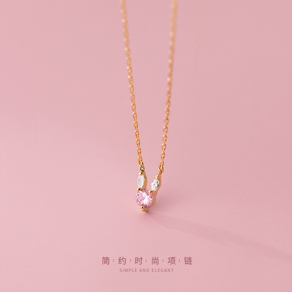 A34127 s925 sterling silver cute cute pink rhinestone necklace