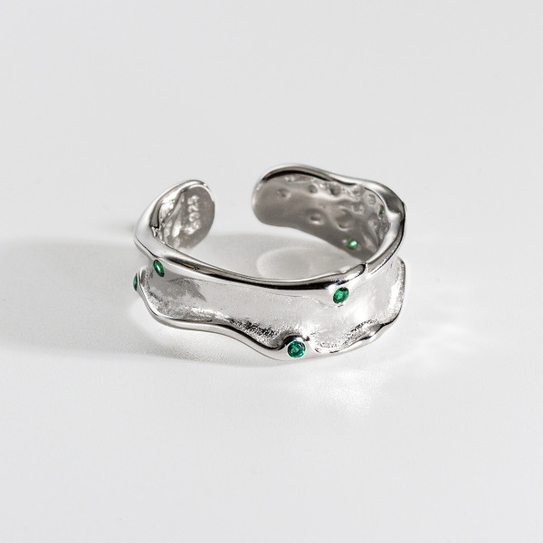 A43501 s925 silver adjustable vintage weave green rhinestone ring
