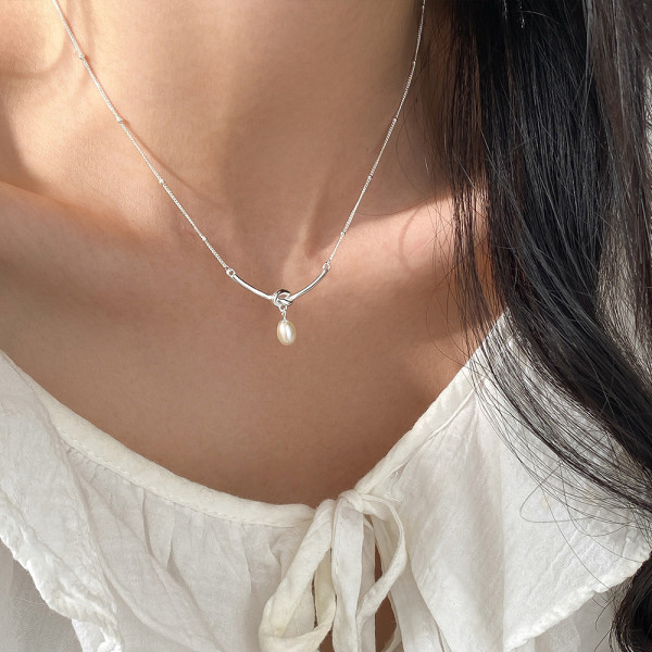 A45840 s925 sterling silver rope wrap dainty simple teardrop natural pearl necklace