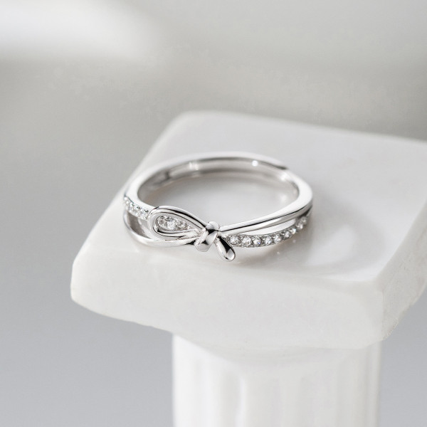 A46316 s925 sterling silver rhinestone butterfly double layered bar ring