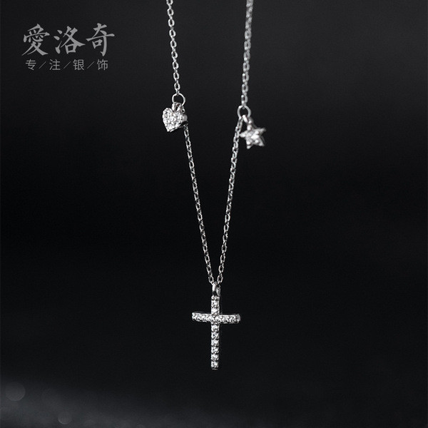 A33007 s925 sterling silver simple unique rhinestone heart stars cross necklace