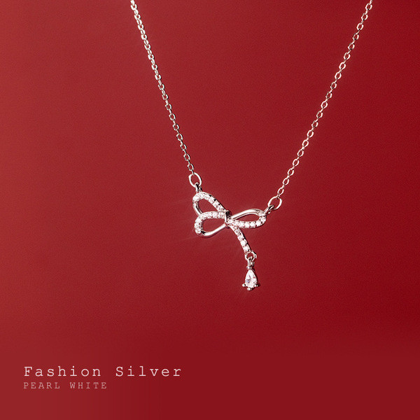 A34090 s925 sterling silver trendy rhinestone bow necklace