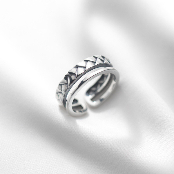 A32181 s925 sterling silver vintage silver doublelayer braide ring