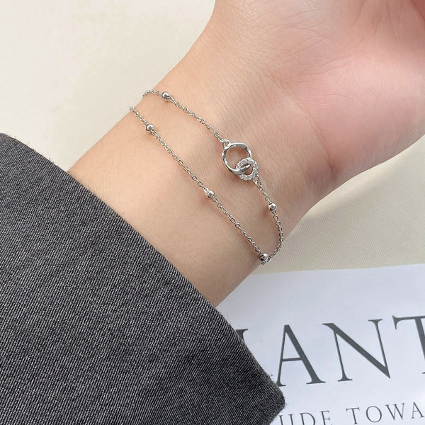 A44366 s925 silver dainty rhinestone double layered circle charm bracelet