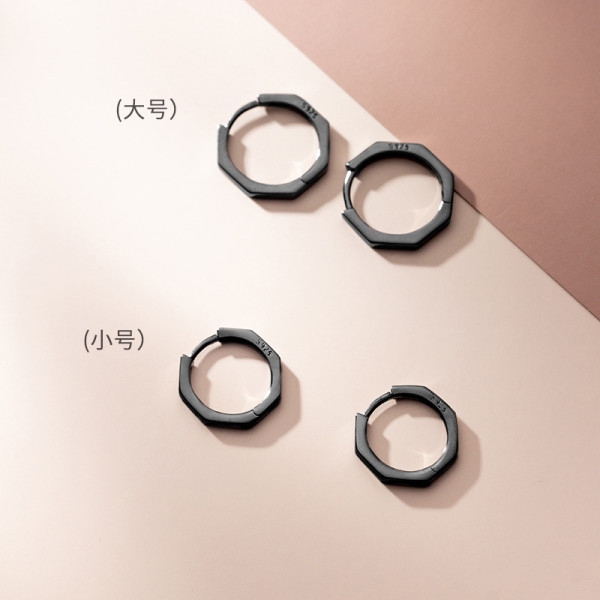 A41839 s925 silver black geometric simple hoop earrings