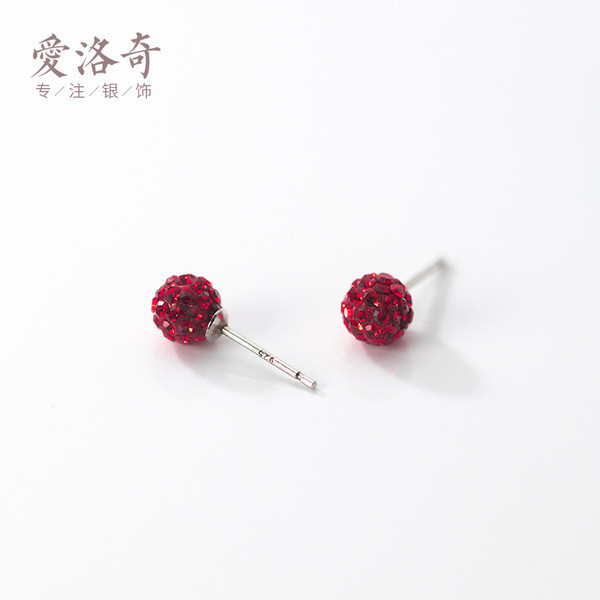 A32317 s925 sterling silver chic unique red rhinestone ball piercin earrings
