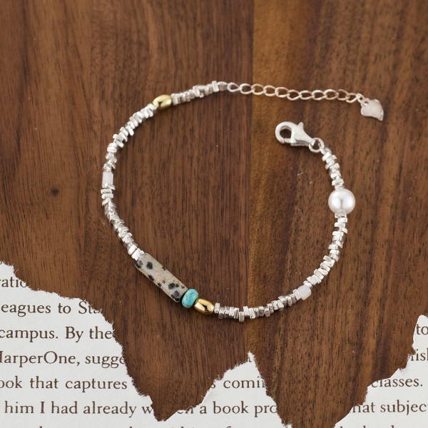 A41745 s925 silver artificial turquoise simple vintage elegant charm bracelet