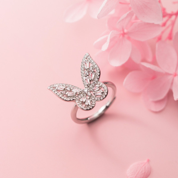 A40590 s925 silver vintage elegant butterfly sparkling rhinestone ring