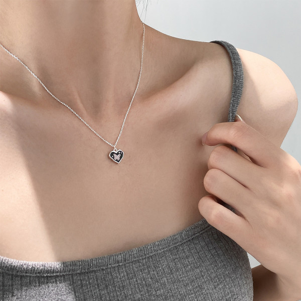 A46105 s925 silver dainty black heart butterfly stars necklace