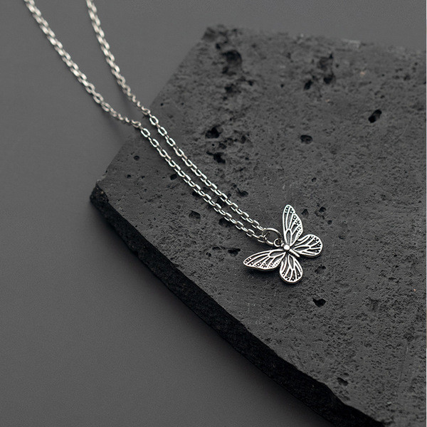 A34605 s925 sterling silver vintage silver butterfly necklace