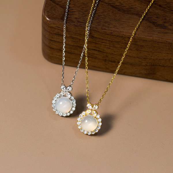 A44245 s925 silver trendy sweet rhinestone circle white jade necklace